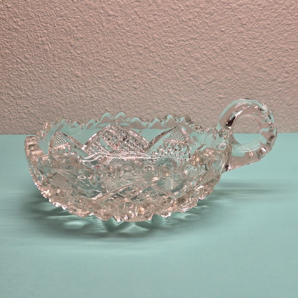 Vintage Imperial Glass Nucut No 483 Clear Nappy Dish Handled Candy Bowl EAPG